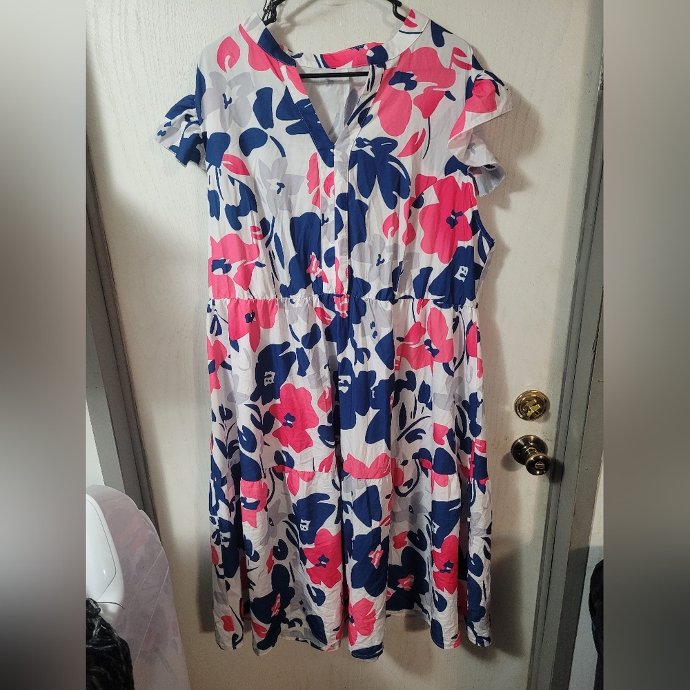 Floral Print Dress in Pink and Blue
